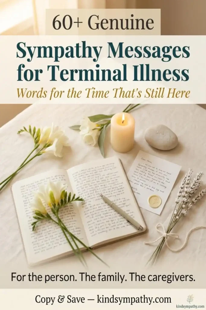 60+ genuine sympathy messages for terminal illness — Pinterest pin with journal and white flowers representing pre-loss support words for the person, family, and caregivers, kindsympathy.com