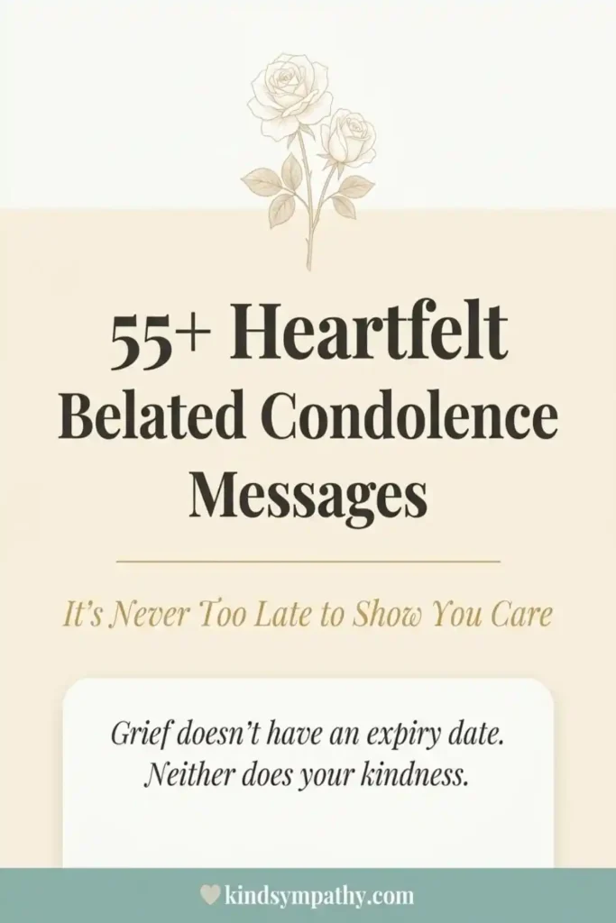 Pinterest pin — 55+ heartfelt belated condolence messages — it's never too late to show you care — kindsympathy.com
