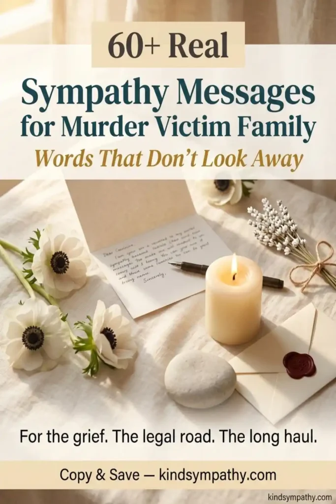 60+ real sympathy messages for murder victim family — Pinterest pin with sympathy card and white flowers representing honest condolences for homicide bereavement, kindsympathy.com