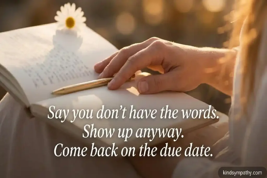 Hand on open notebook with gold pen — miscarriage sympathy message writing tips — kindsympathy.com