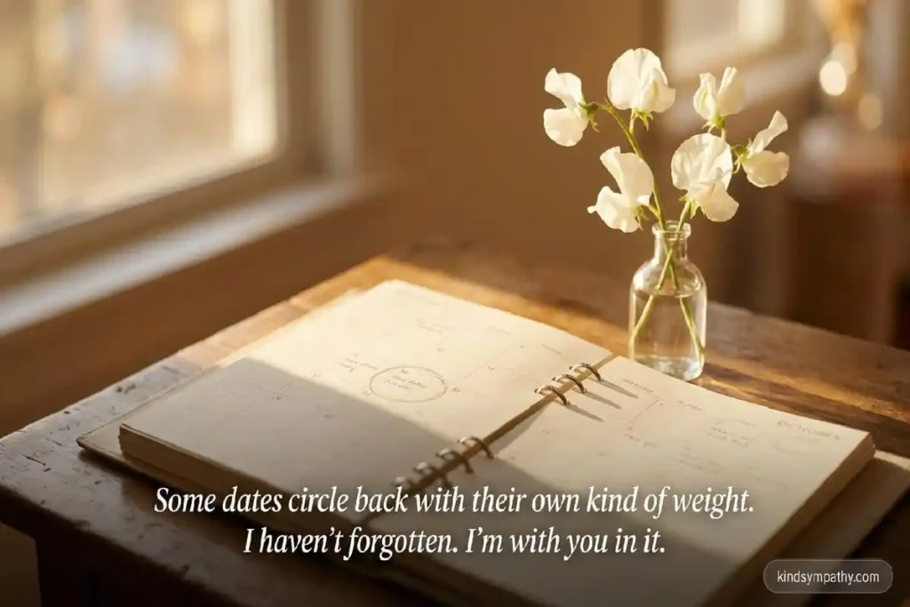 Open calendar with white flowers and soft light — stillbirth grief messages for hard dates — kindsympathy.com