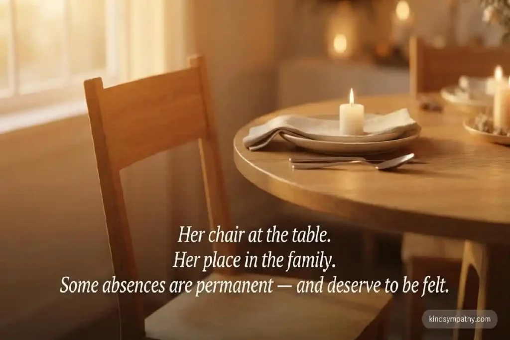 Empty chair at holiday table with candle — grief messages for loss of grandmother on hard days — kindsympathy.com
