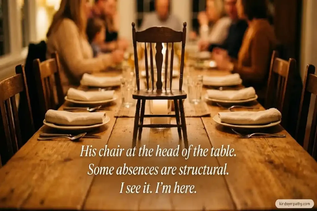 Empty chair at head of family table with candle — grief messages for loss of grandfather on hard days — kindsympathy.com