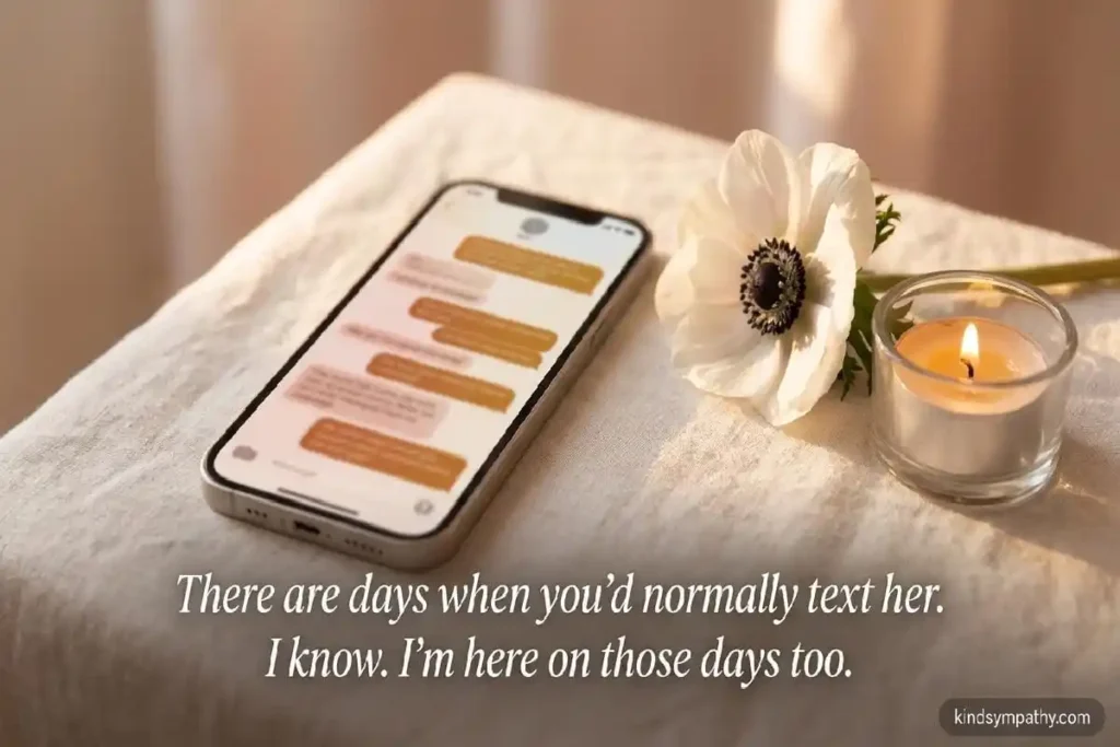 Phone with unanswered text thread and white flower with candle — grief messages for loss of sister on hard dates