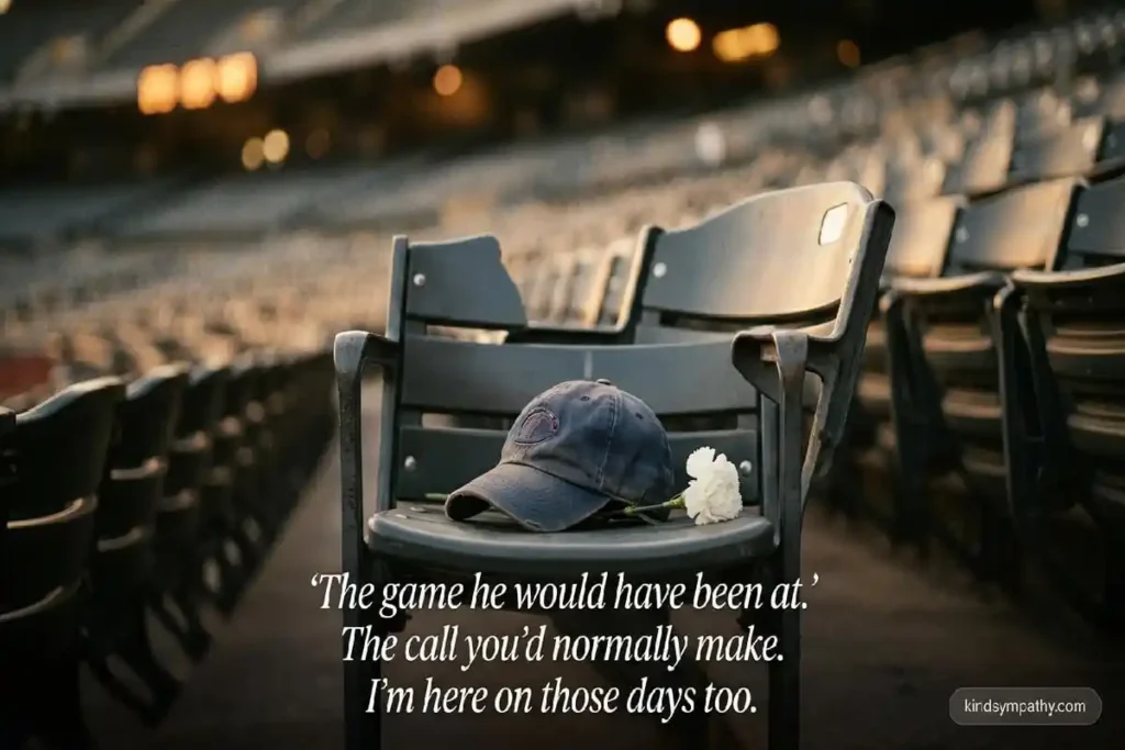 Empty stadium seat with baseball cap and white flower — grief messages for loss of brother on hard dates
