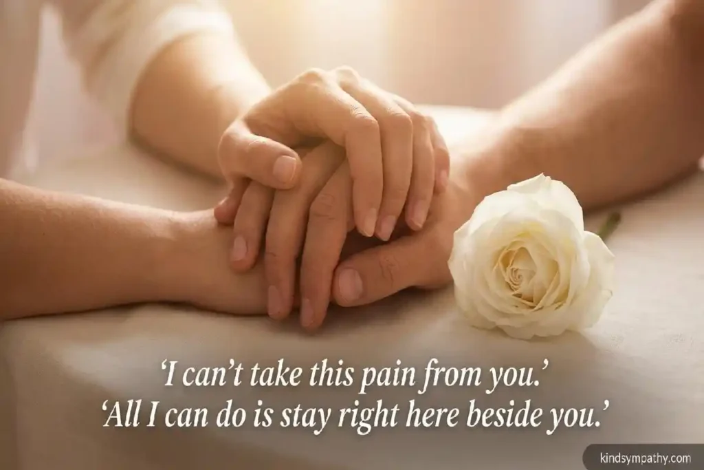 Two partners' hands interlaced with white rose — what to say to partner who lost mother