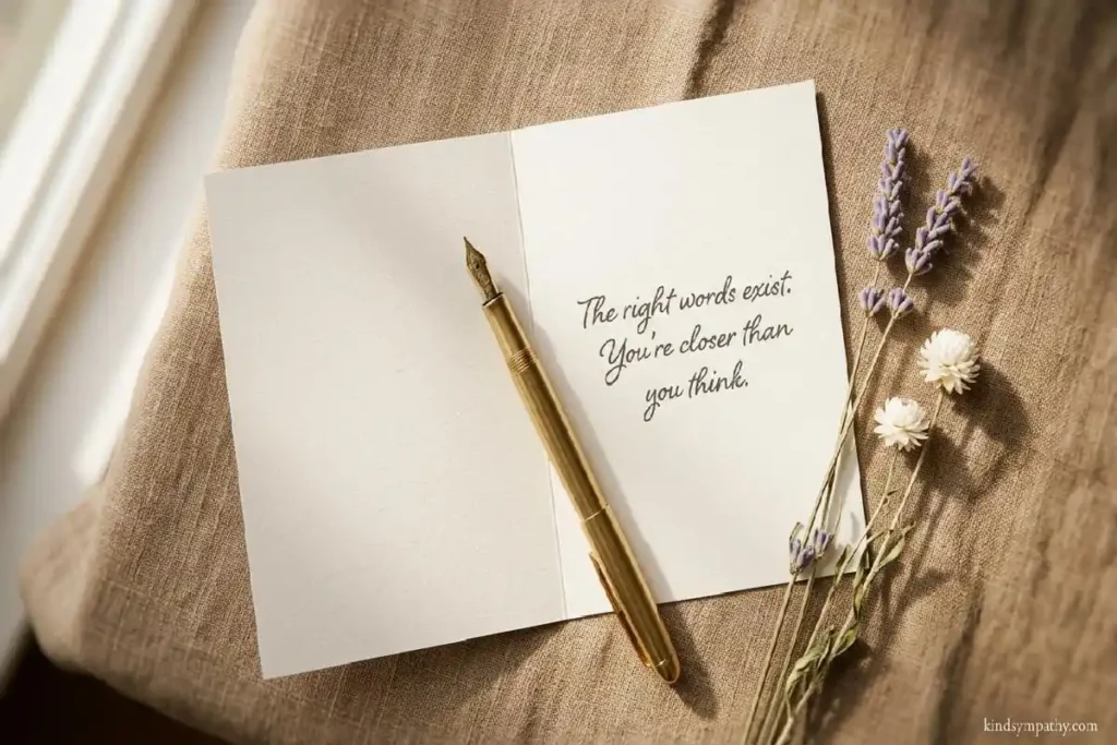 What to write in a sympathy card for loss of cousin —
open card and pen representing condolence message
writing on kindsympathy.com