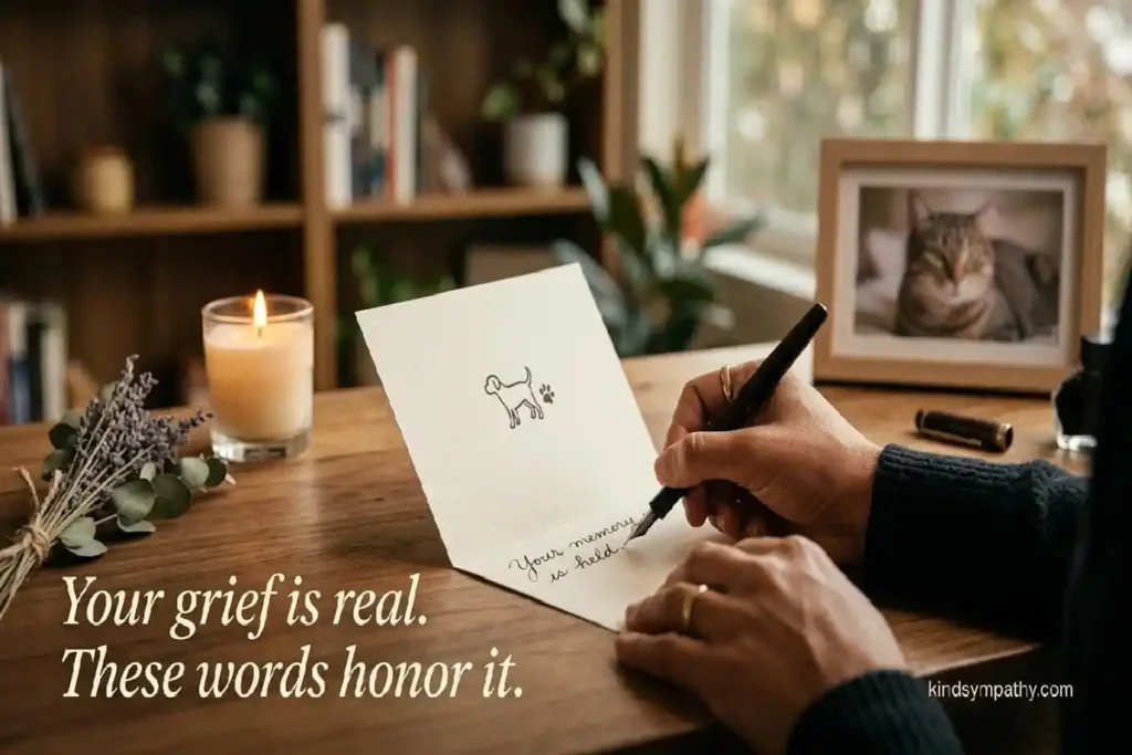 Sympathy card for pet loss — hand writing condolence
message beside candle and dried flowers in warm natural
light, thoughtful and comforting