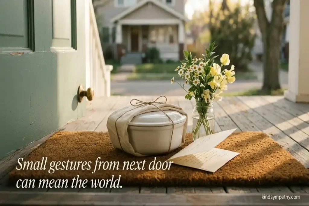 Neighbor bereavement messages — sympathy care package
with covered dish, note, and flowers left on residential
doorstep in warm morning light, thoughtful community gesture