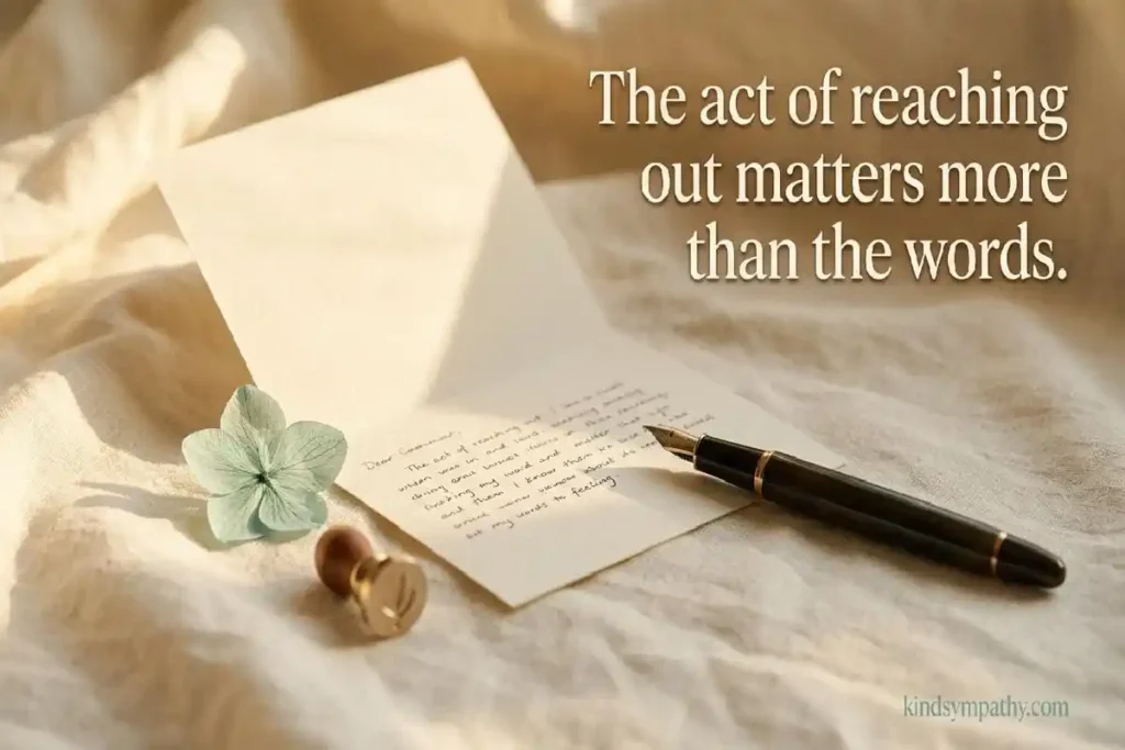 Handwritten sympathy card for someone you don't know well — fountain pen on linen with pale teal flower — kindsympathy.com