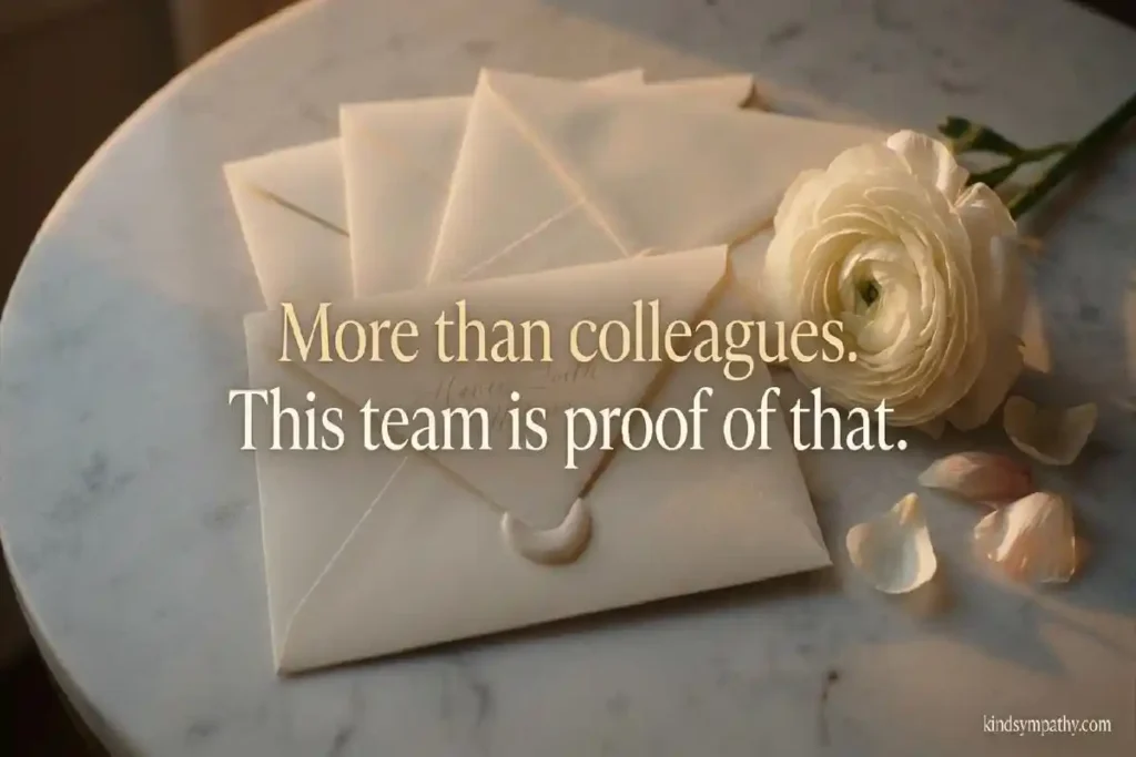 Team condolence messages — multiple sealed envelopes with a white flower representing collective sympathy from a group of colleagues