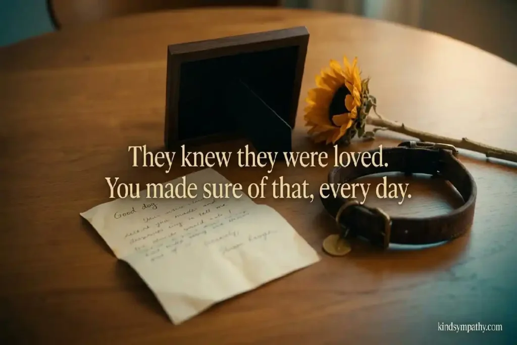 Dog bereavement words — handwritten note, dog collar and dried flower on warm wood, representing the private act of honoring a beloved dog's memory