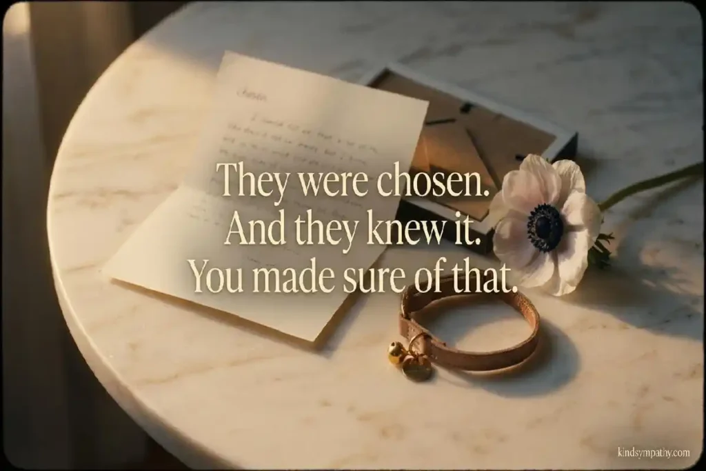 Cat bereavement words — handwritten note and cat collar on warm marble, representing the private, tender act of honoring a beloved cat's memory