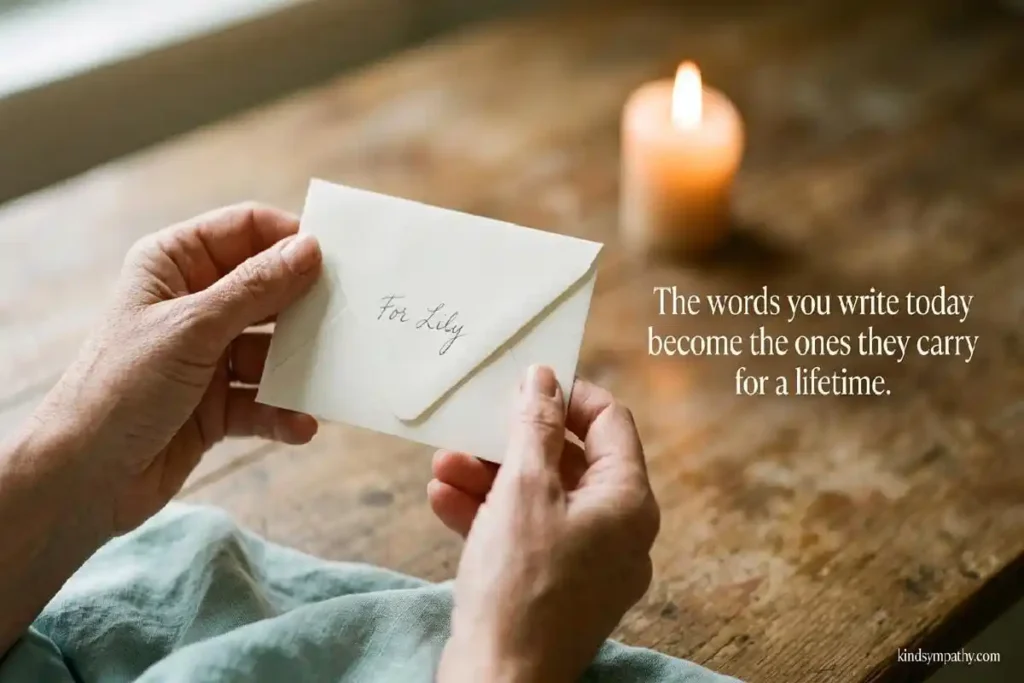 Sympathy messages for a grieving child — adult hands holding a sealed envelope with a child's name, kids bereavement condolence words, kindsympathy.com