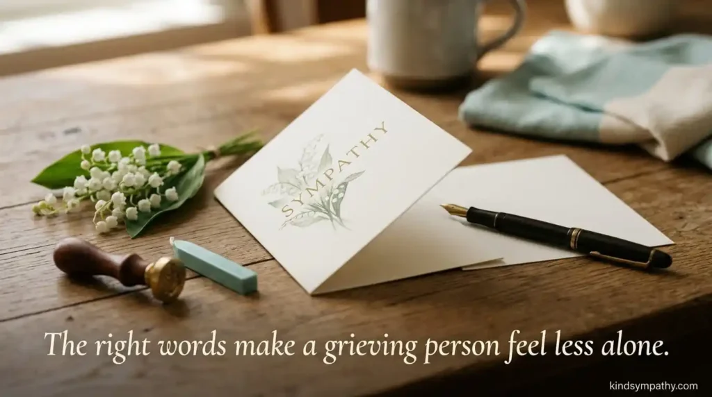 What to write in a sympathy card for loss of mentor β open card and fountain pen on warm wooden surface with soft morning light