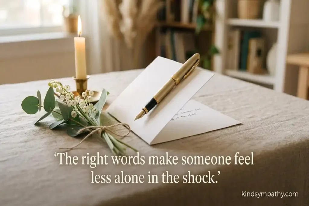 What to write in a sympathy card for sudden death — open card and fountain pen on warm linen with soft candle light, kindsympathy.com
