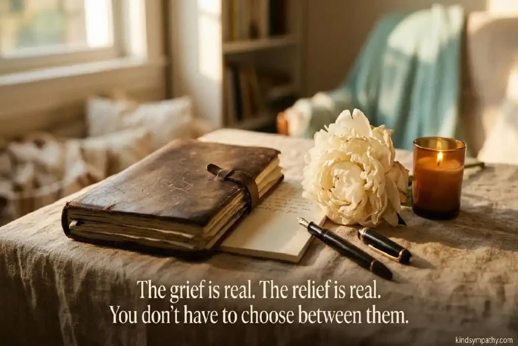 What to write in a sympathy card after long illness — open journal and white peony on warm linen, representing the quiet grief and relief after a prolonged illness loss