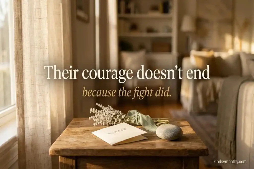 Sympathy messages for cancer death — soft candlelight and sympathy card representing healing and tribute for cancer loss, kindsympathy.com