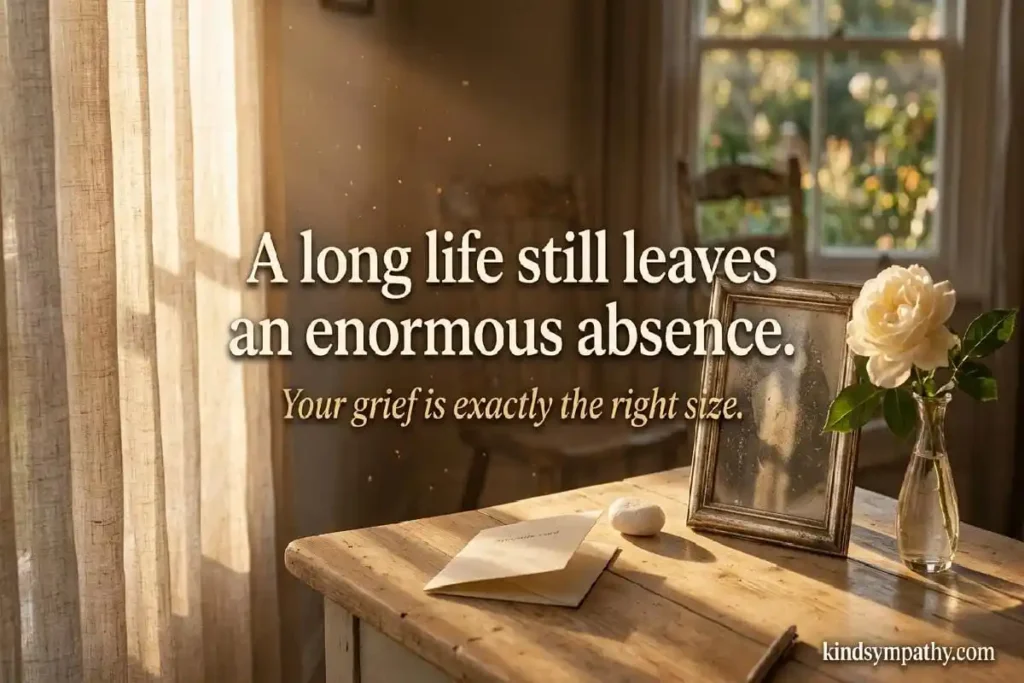 Sympathy messages for elderly death — sympathy card and rose beside a framed photograph in warm golden light representing validation of grief after a long life, kindsympathy.com