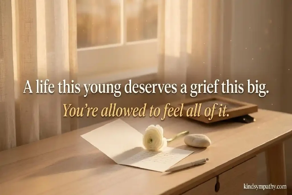 Sympathy messages for young person's death — sympathy card and white flower in warm golden light representing permission to grieve fully after a young and untimely loss, kindsympathy.com