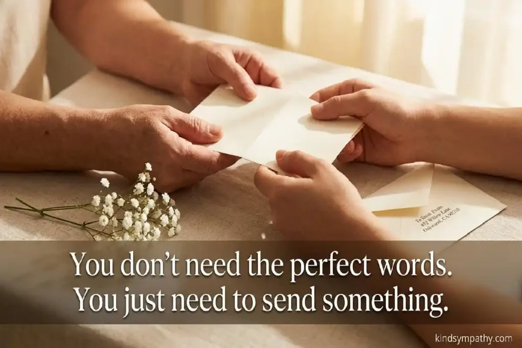 Two people's hands holding a cream letter together — belated condolence message — you don't need perfect words, just send something — kindsympathy.com