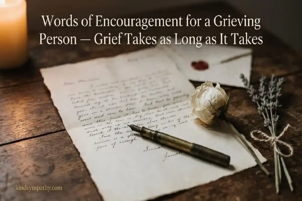 "Handwritten letter with dried white rose and pen on wooden surface representing words of encouragement for a grieving person"