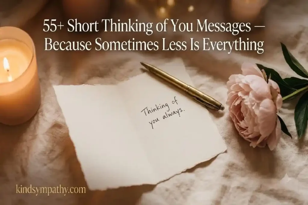 "Handwritten note card with blush peony and gold pen on warm linen surface representing short thinking of you messages with big heart and few words"