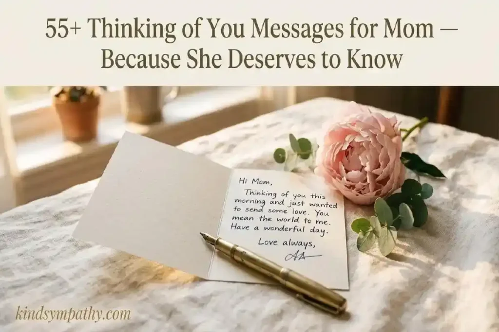 "Handwritten card with blush peony and gold pen on warm cream linen surface representing heartfelt thinking of you messages for mom on any ordinary day"
