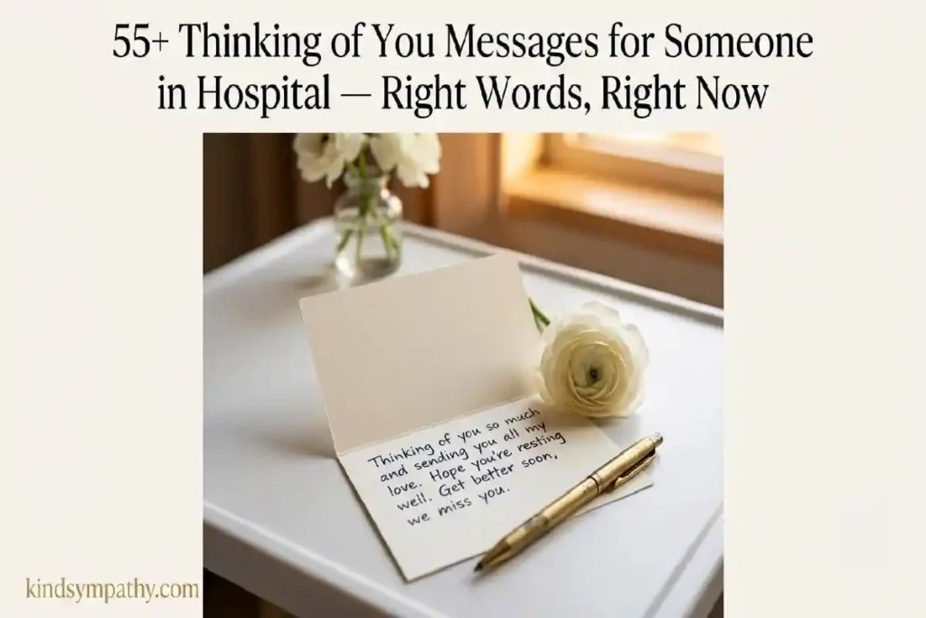 "Handwritten card with white ranunculus flower and gold pen on hospital bedside table representing comforting thinking of you messages for someone in hospital"