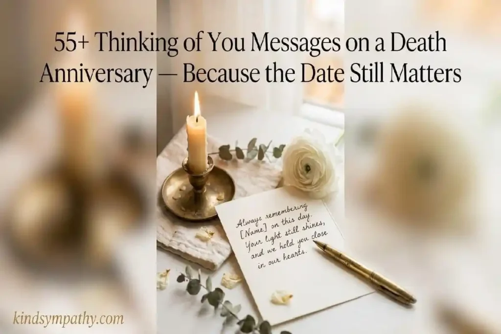 "White candle burning beside open handwritten card and white ranunculus on cream linen representingthinking of you on death anniversary to mark the date with care"