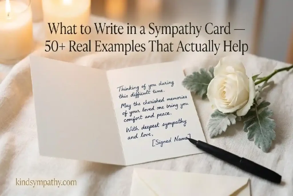 "Open sympathy card with white rose and fountain pen on cream linen surface representing what to write in a sympathy card"