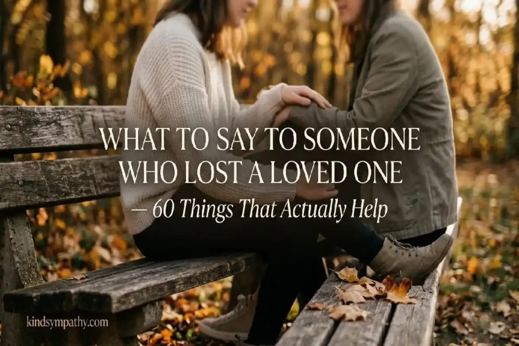"Two people sitting close together on a bench with one offering comfort representing what to say to someone who lost a loved one"