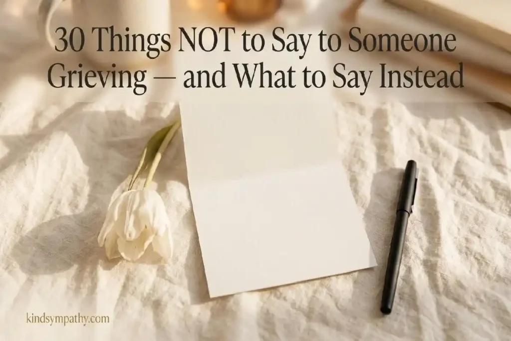 "Blank notecard with wilted white tulip and pen on cream linen representing what not to say to someone grieving and harmful condolence phrases to avoid"