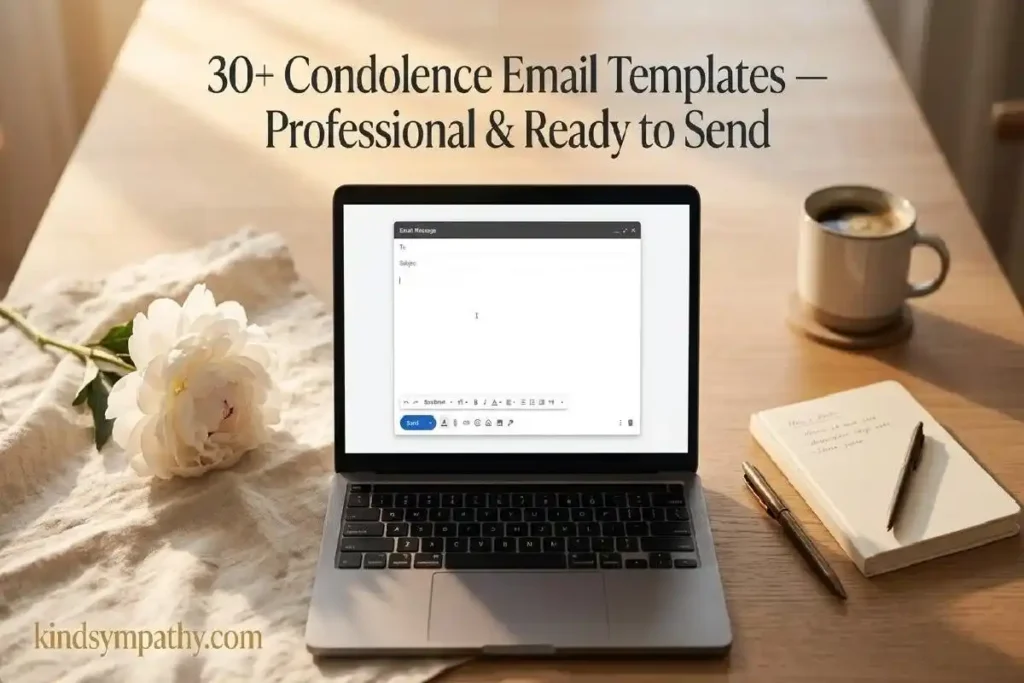 "Open laptop on modern desk with white peony and notepad representing professional condolence email templates ready to copy and send"