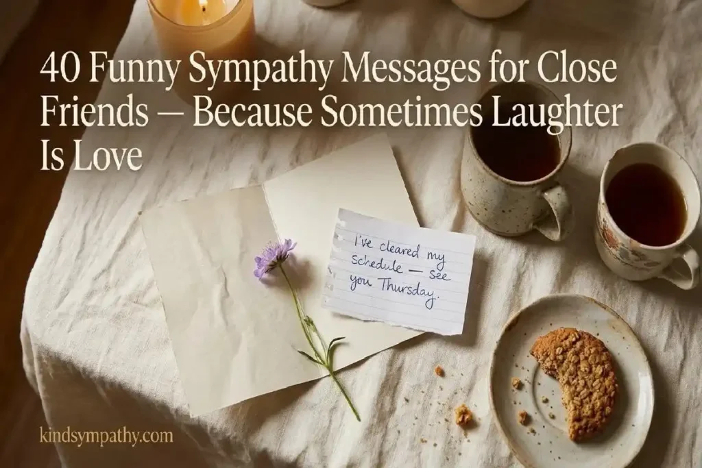 "Open sympathy card with mismatched mugs and biscuit on warm linen surface representing funny sympathy messages for close friends"
