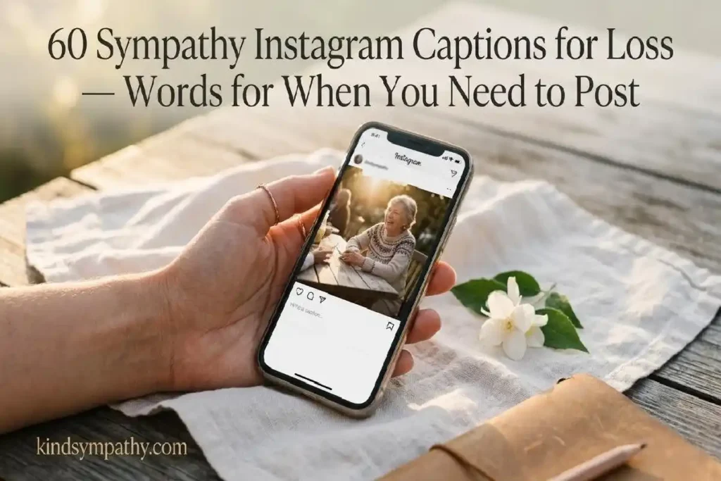 "Hand holding smartphone with blank caption box next to white flower on linen representing sympathy Instagram captions for loss and memorial post words"