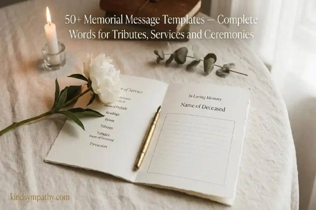 "Open memorial service programme with white peony pen and candle on warm linen surface representing memorial message templates for tributes and ceremonies"