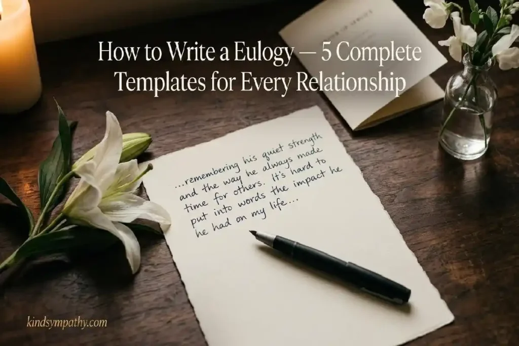 "Handwritten eulogy draft on cream paper with white lily and fountain pen on walnut desk representing how to write a eulogy step by step"