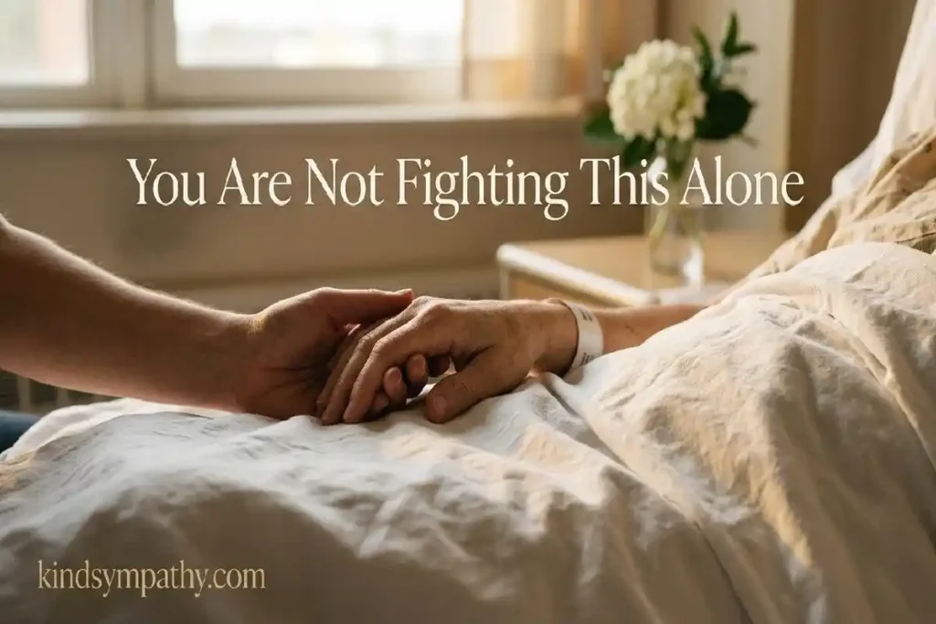  "Two hands holding each other on hospital bed representing cancer support words and being present for someone fighting cancer"