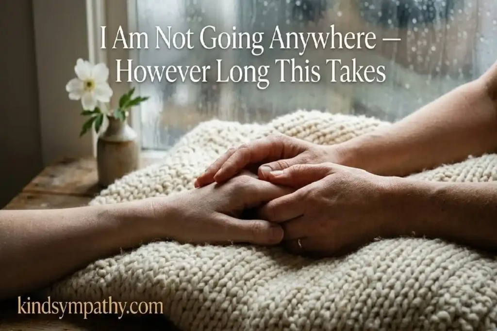 "Two hands holding each other on a cream blanket representing grief encouragement and long-term presence for a grieving person"