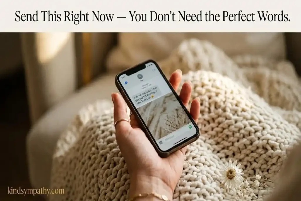 "Hand holding phone with short grief support text message on warm knit blanket representing thinking of you grief text messages"
