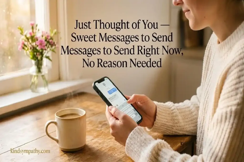 "Person smiling at phone in sunny kitchen representing sweet thinking of you text messages to send a friend right now"
