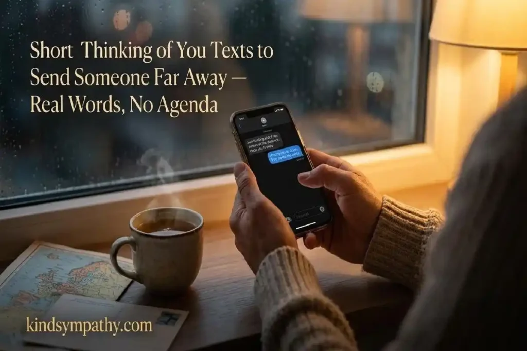 "Hands holding glowing phone at rainy window representing short thinking of you long distance text messages for someone far away"
