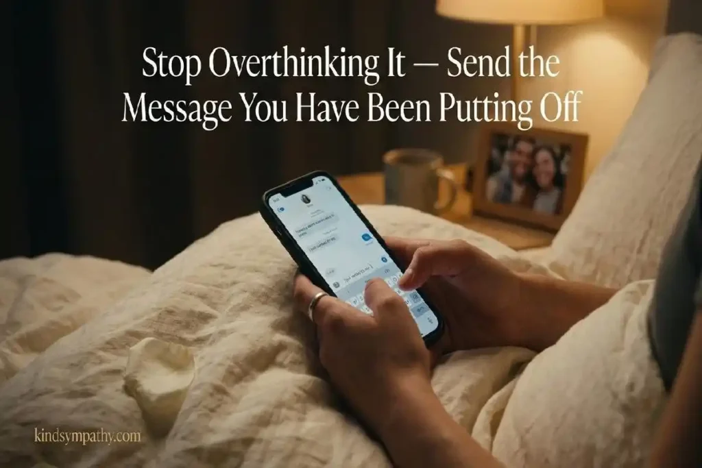 "Hands holding phone with unsent message on cream duvet representing thinking of you after loss texts for someone who is grieving"
