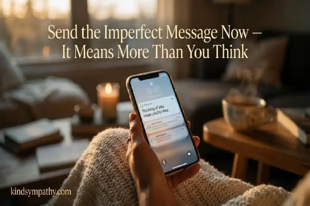 "Hand holding glowing phone with unread message on cosy cream blanket representing thinking of you hard times text messages"