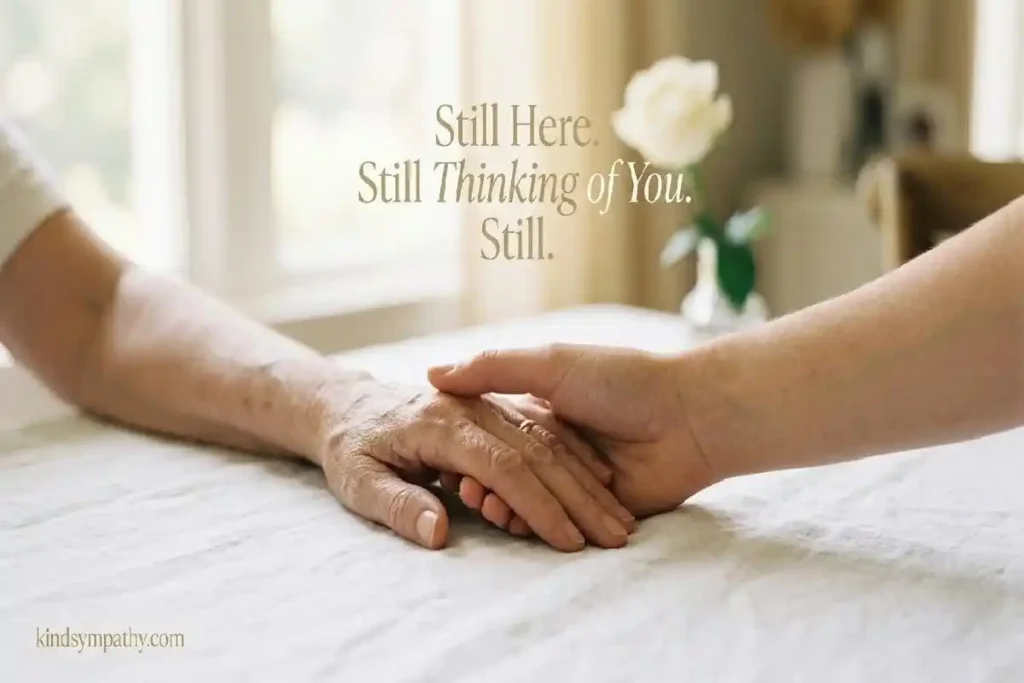 "Hand holding a small handwritten card with short thinking of you message representing classic brief care words for any occasion"
