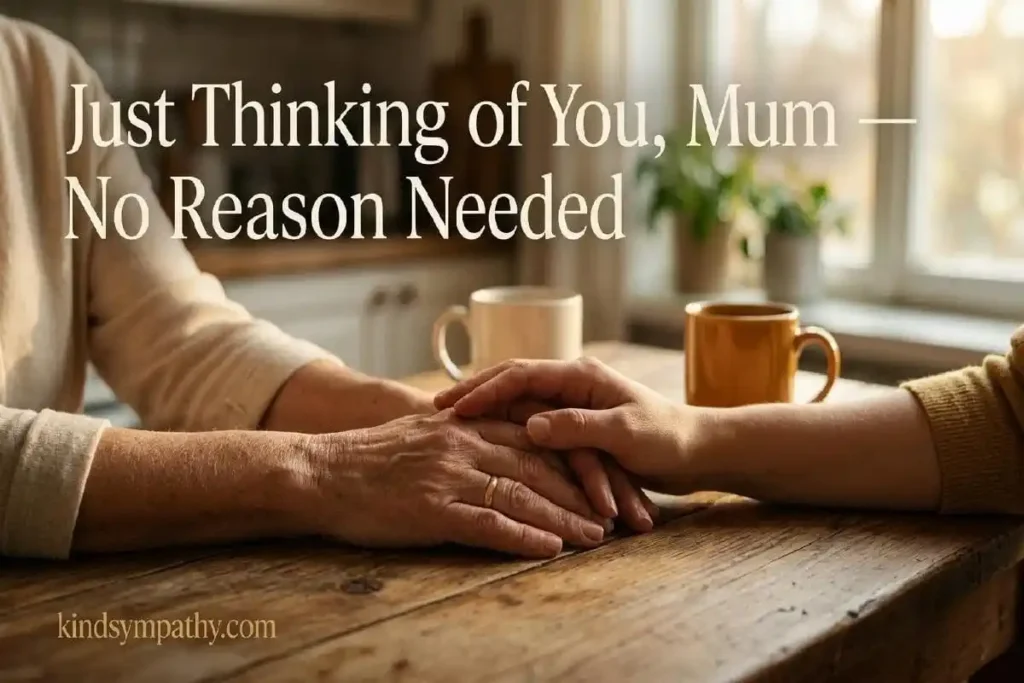 "Mother and adult child hands resting together on warm wooden table with coffee mugs representing short thinking of you messages for mom on any ordinary day"