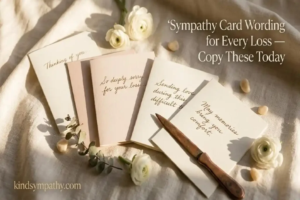 "Open blank sympathy card with pen on wooden desk representing the structure of what to write in a sympathy card"
