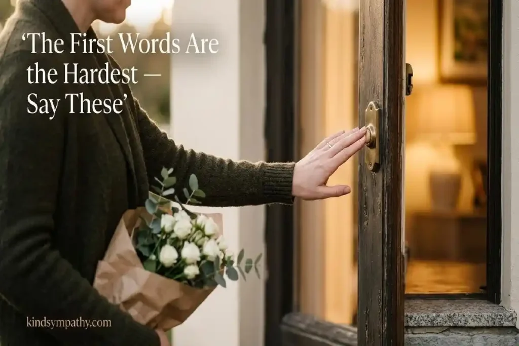 "Hand at a front door with white flowers representing the courage of showing up and knowing what to say to someone who lost a loved one"
