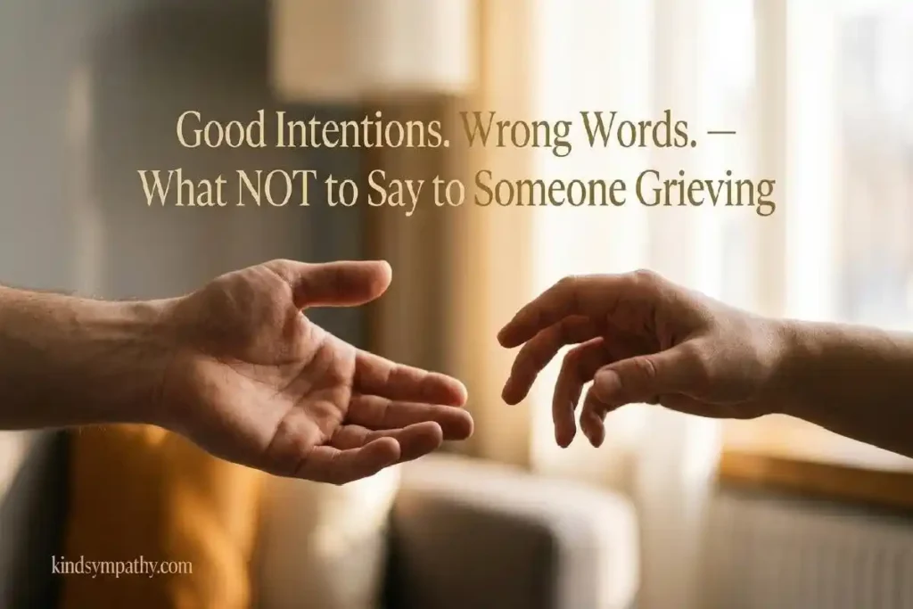 "Two hands reaching toward each other but not quite connecting representing how harmful condolence phrases miss the mark despite good intentions"
